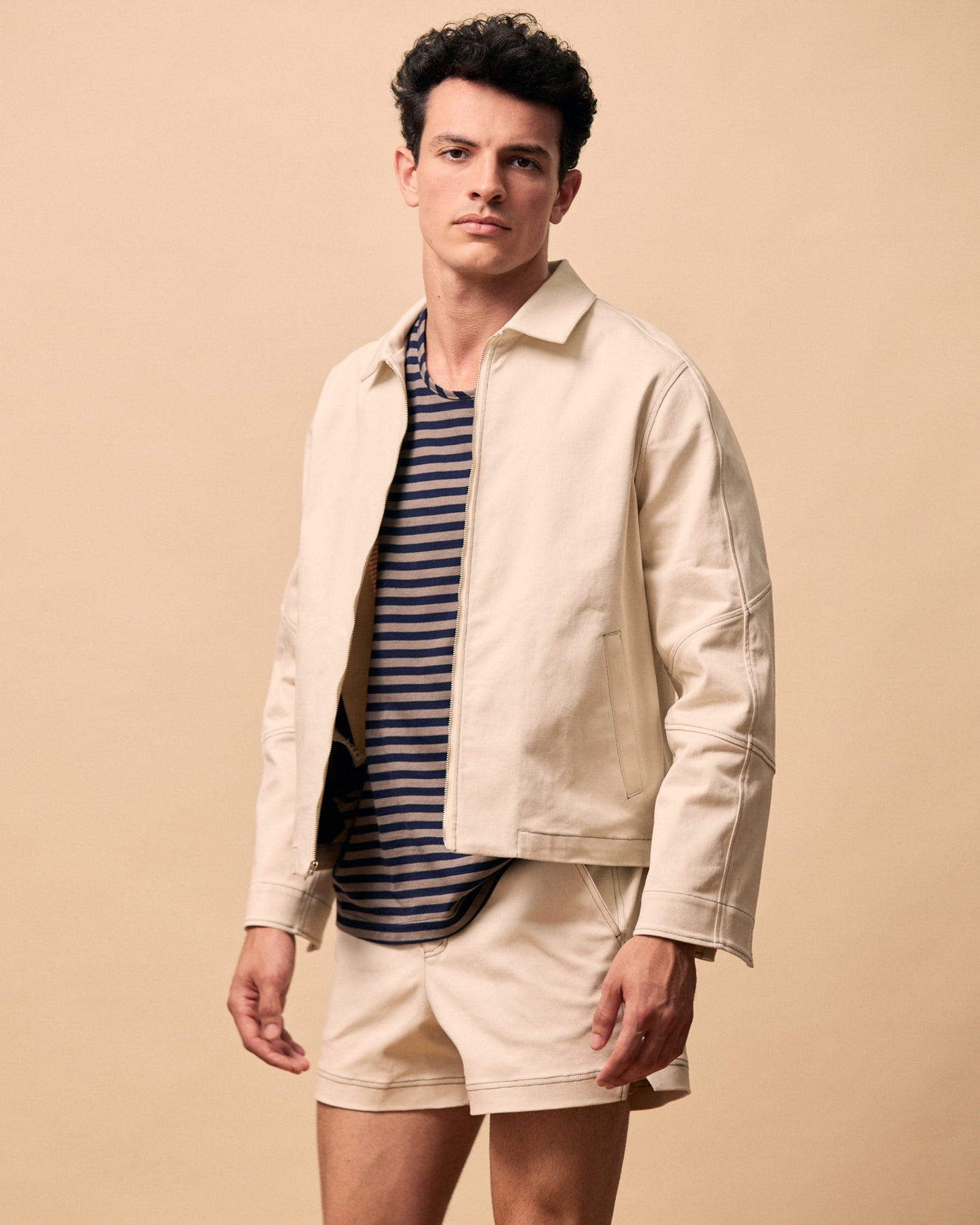 Elvis shirt jacket in oat with contrast stitching