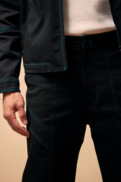 Black Twill Pant With Blue Topstitching