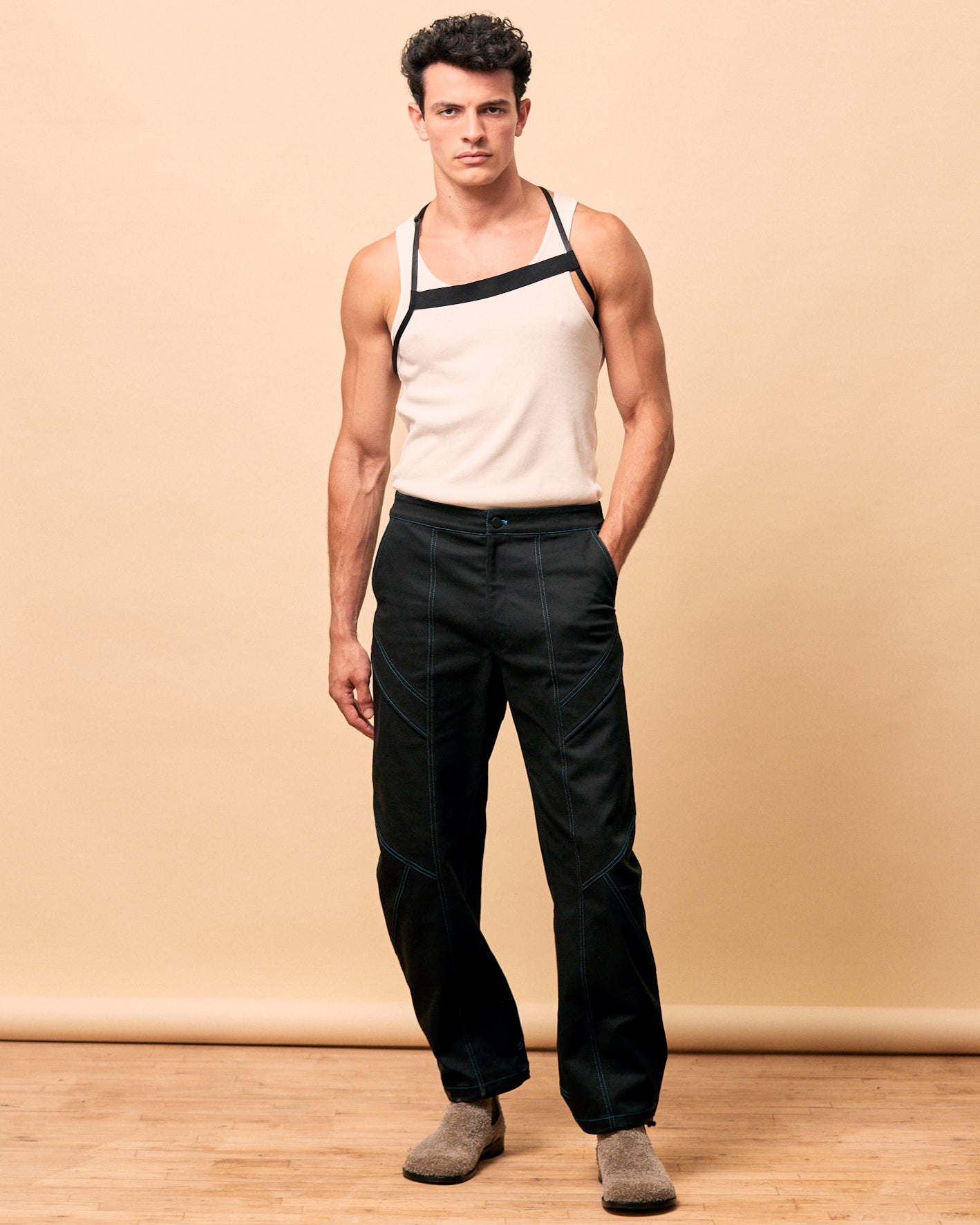 Black Twill Pant With Blue Topstitching