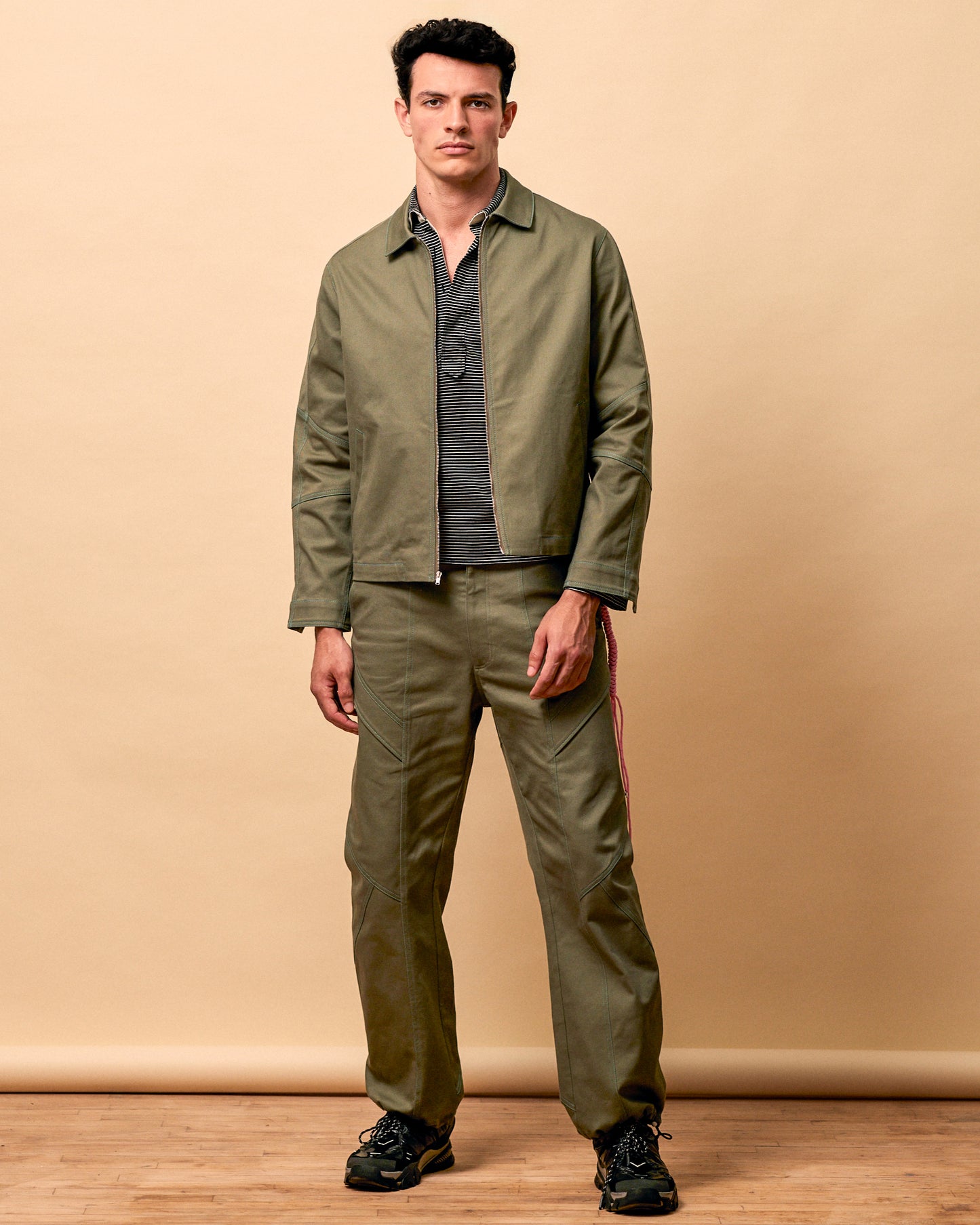 Sage Twill Jacket with Blue Topstitching