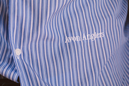 Avon Anglers embroidered on a blue stripe button down